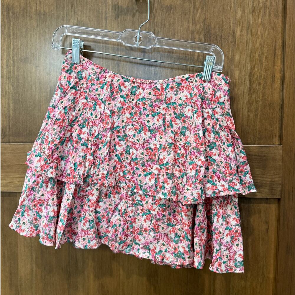 Zara Women's Medium Red Pink Ditsy Floral Tiered Ruffle Smocked Mini Skirt M